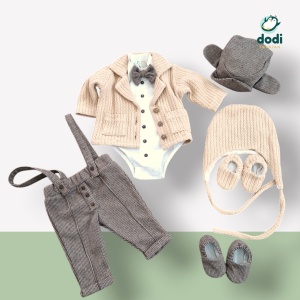 Costum Vladimir cu pantalon crem sau maro din material gros si sacou tricotat - Img 2