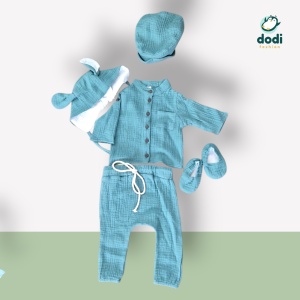 Costum Botez Băiețel din Muselină – Cămașă Reglabilă și Pantaloni cu Șiret + Accesorii Asortate - Img 5