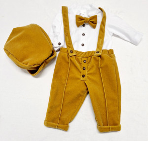 Costum botez galben catifea și sacou tricotat - Img 2