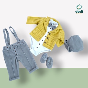 Costum din catifea gri și sacou tricotat - Img 5