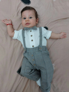 Costum cu pantalon în carouri, gri și galben regal, 4 piese - Img 2