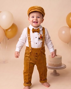 Costum de moț băiețel cu pantaloni catifea, cămașă bumbac – Model Ursuleț