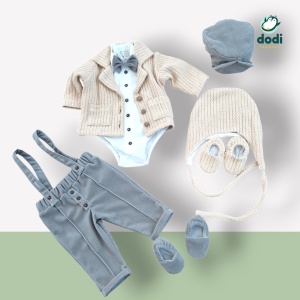 Costum din catifea gri și sacou tricotat - Img 6