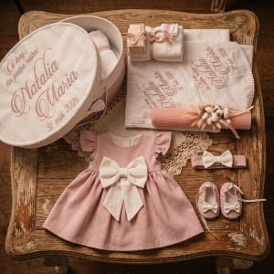 Trusou Botez Fetiță Personalizat – Roz Pudrat Elegant cu Fundă Ivory | Set Complet Biserică & Prima Băiță - Img 2