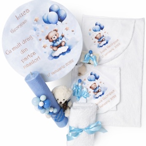 Trusou complet botez băieți – cufăr, lumânare, prosop, set haine in/catifea - Img 3