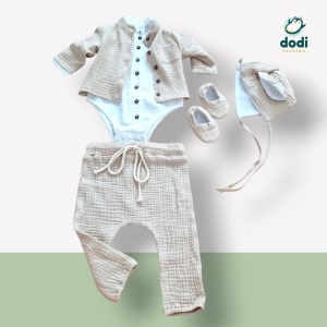 Costum Botez Băiețel din Muselină – Cămașă Reglabilă și Pantaloni cu Șiret + Accesorii Asortate - Img 7