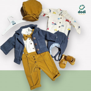 Costum galben catifea și sacou tricotat - Img 2