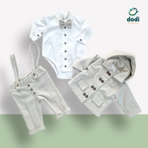 Costum pentru bebe beieti din stofa bej si verde ou rata - Img 4