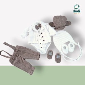 Costum Vladimir cu pantalon crem sau maro din material gros si sacou tricotat - Img 5