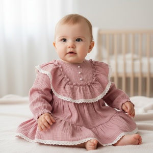 Rochiță din muselină cu dantelă și volănașe alba sau roz