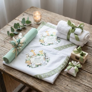 Trusou botez jungle verde salvie cu girafă și elefant – set complet personalizat băieți - Img 4