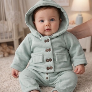 Costum pentru bebe beieti din stofa bej si verde ou rata
