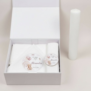 Trusou de Botez din Muselină Personalizat Roz Pudră cu Lumânare și Cutie Personalizată – Ursuleț & Curcubeu - Img 3