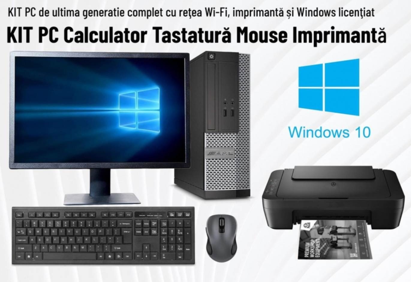 kit pc monitor tastatura mouse si imprimanta