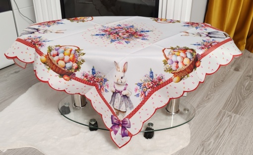 Fata de masa Paste - model iepuras alb cu cos de oua - 130 * 180 CM