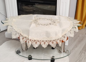 Fata de masa rotunda dantelata - model frunze - culoare crem - Img 1