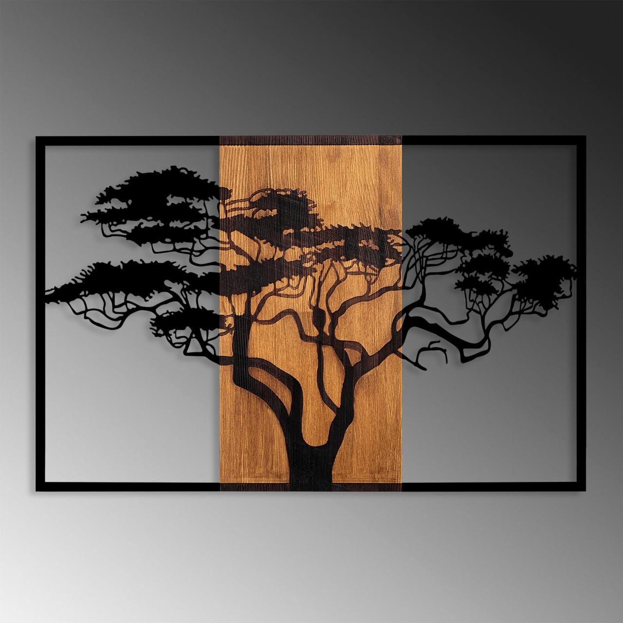 Accesoriu decorativ de perete din lemn si metal cu rama Acacia Tree Nuc 90x58 cm - 3 | YEO