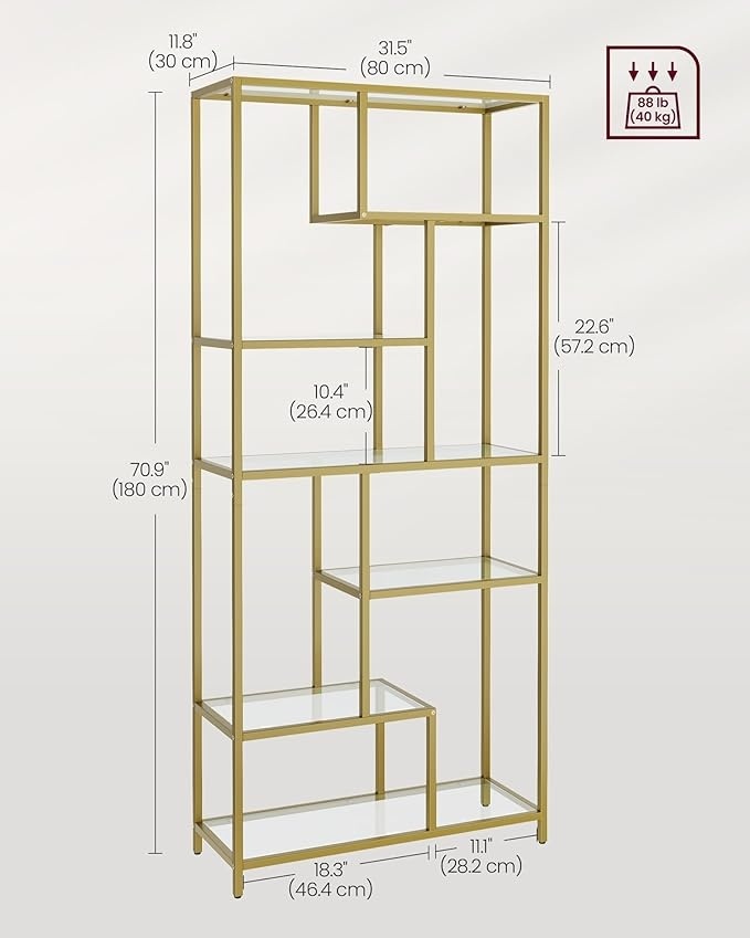 Biblioteca sticla Auriu Vasagle 80x30x180.8 cm - 4 | YEO
