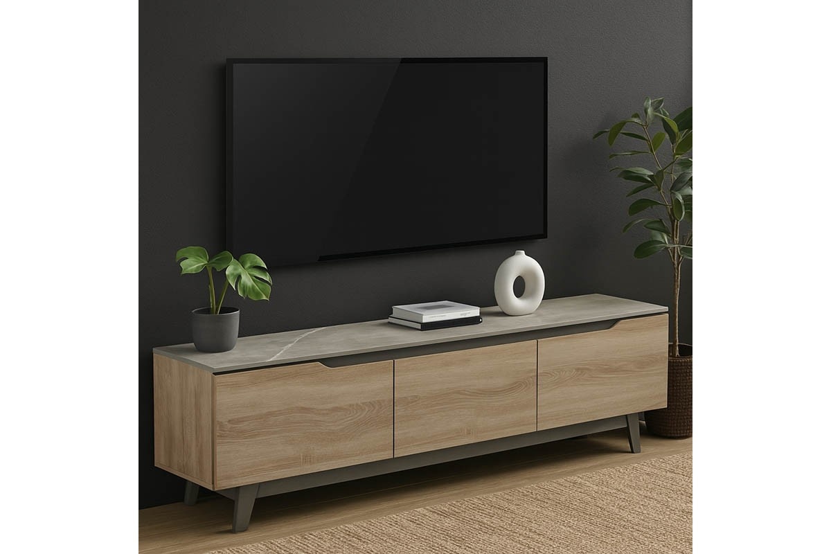 Comoda TV, Pako Word, Kasandra, Gri deschis marmura, 180 x 35 x 48 cm