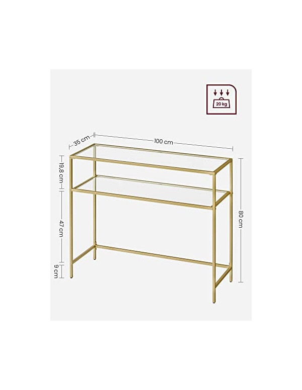 Consola din sticla securizata, Vasagle, 2 rafturi, 35 x 100 x 80 cm, LGT025A01, Auriu - 3 | YEO