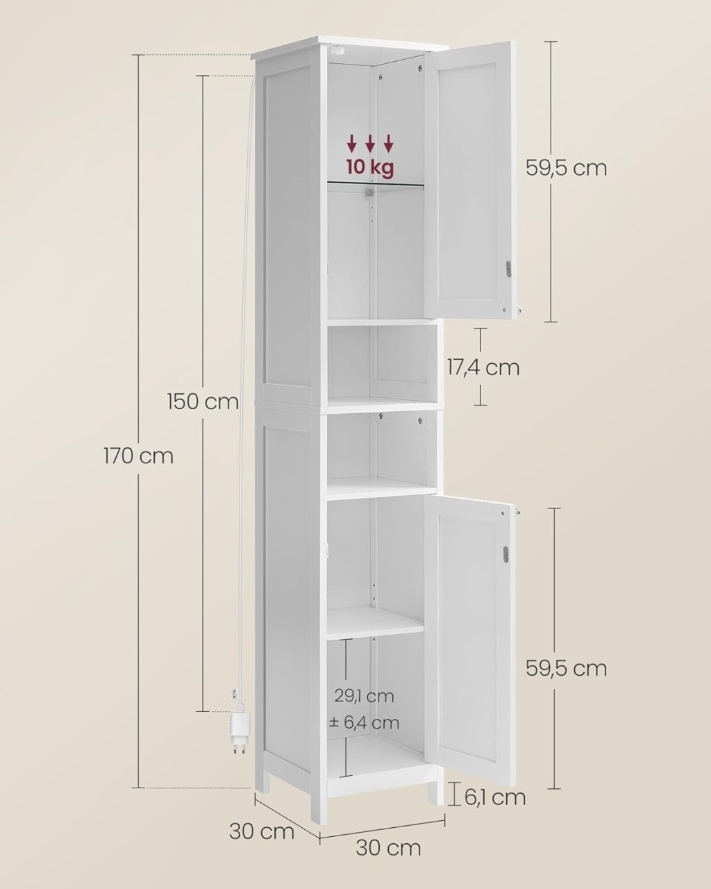 Dulap de baie Alb Vasagle 30x30x170 cm - 2 | YEO