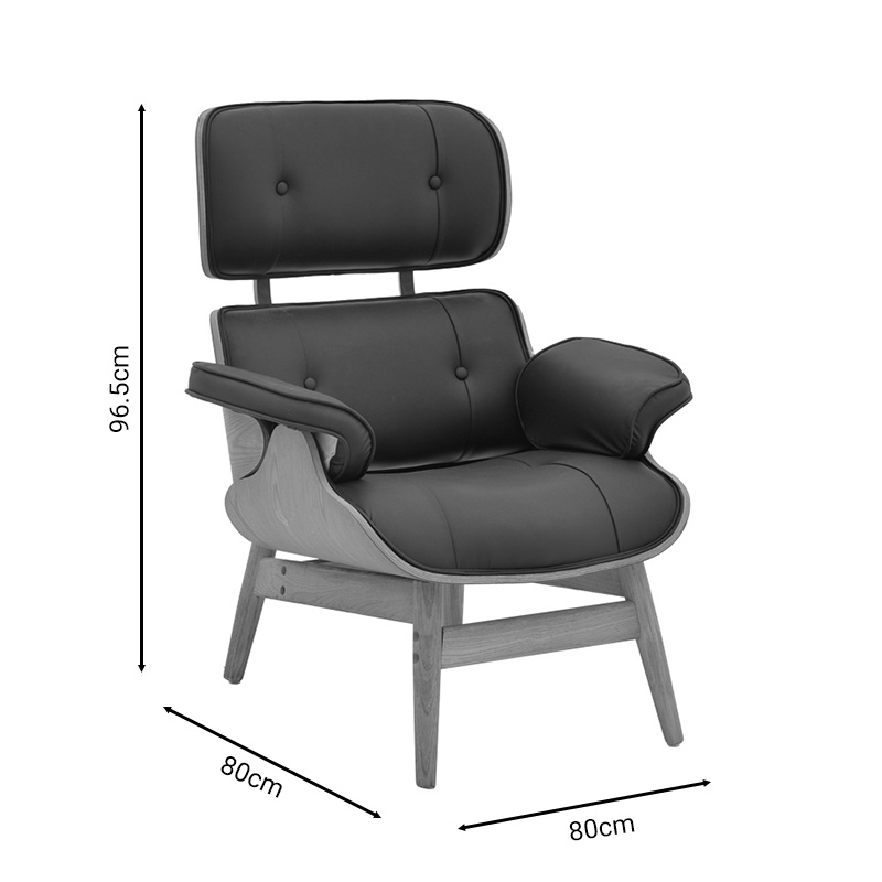 Fotoliu relaxare Mirto lemn masiv nuc si piele ecologica PU negru 80x80x40+ cm