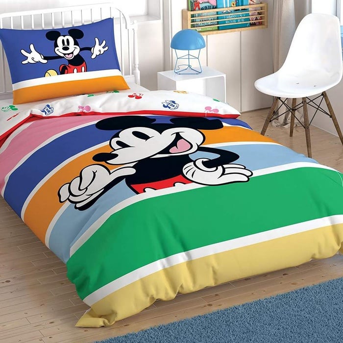 Lenjerie 1 Persoana cu Elastic 100x200 Mickey Mouse Rainbow (Bumbac 100%)