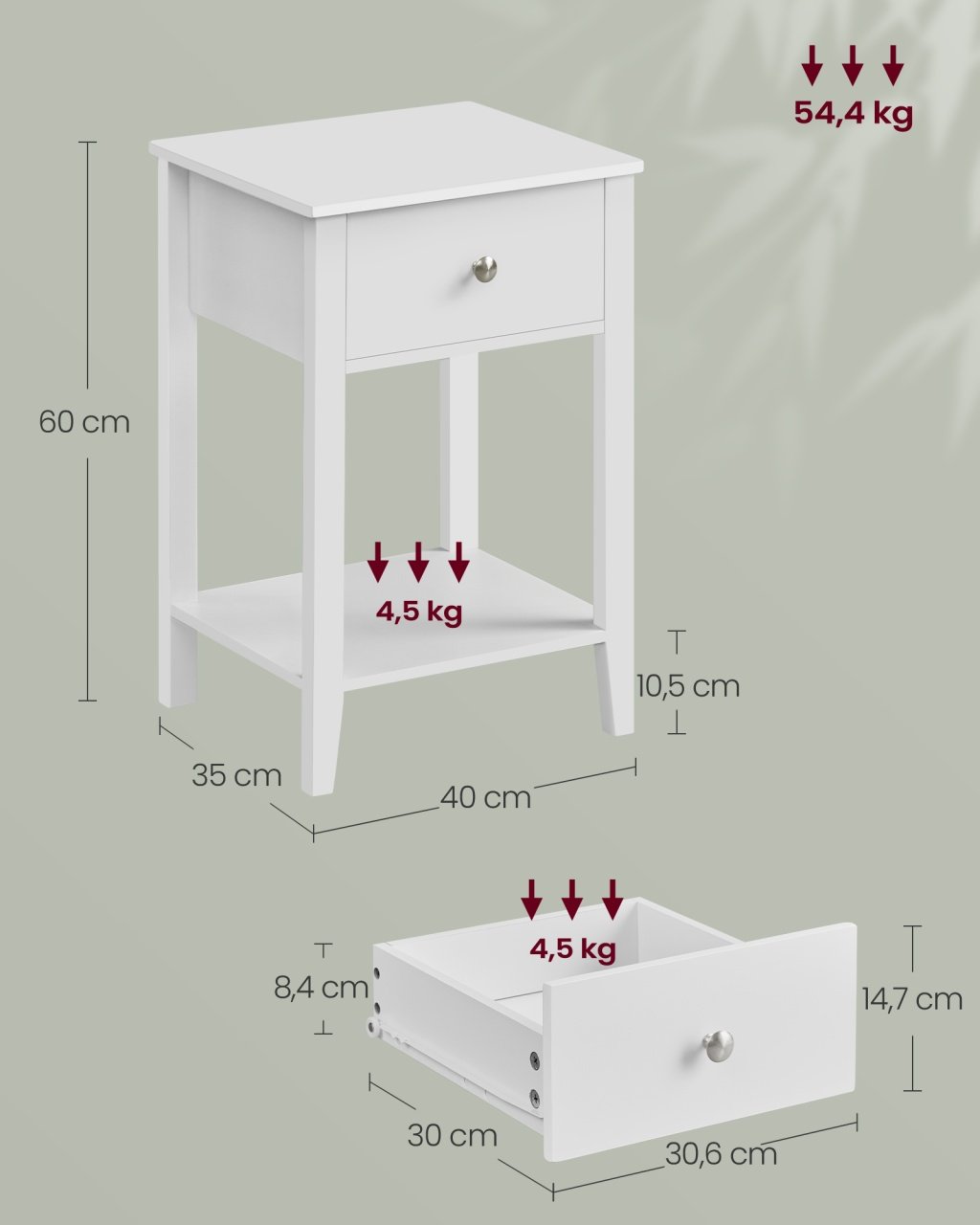 Noptiera Vasagle Alb 40x35x60 cm - 5 | YEO