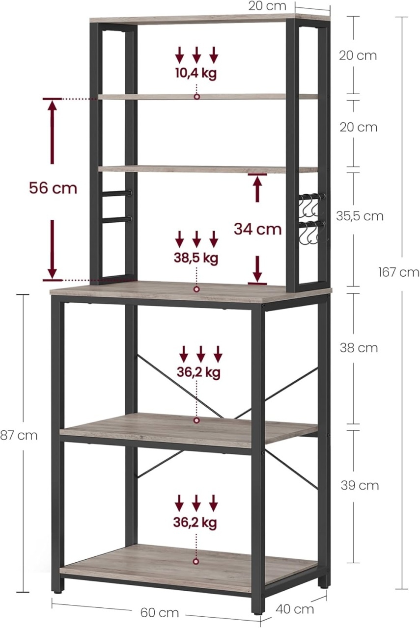 Raft de bucatarie Greige Vasagle 40 x 60 x 167 cm
