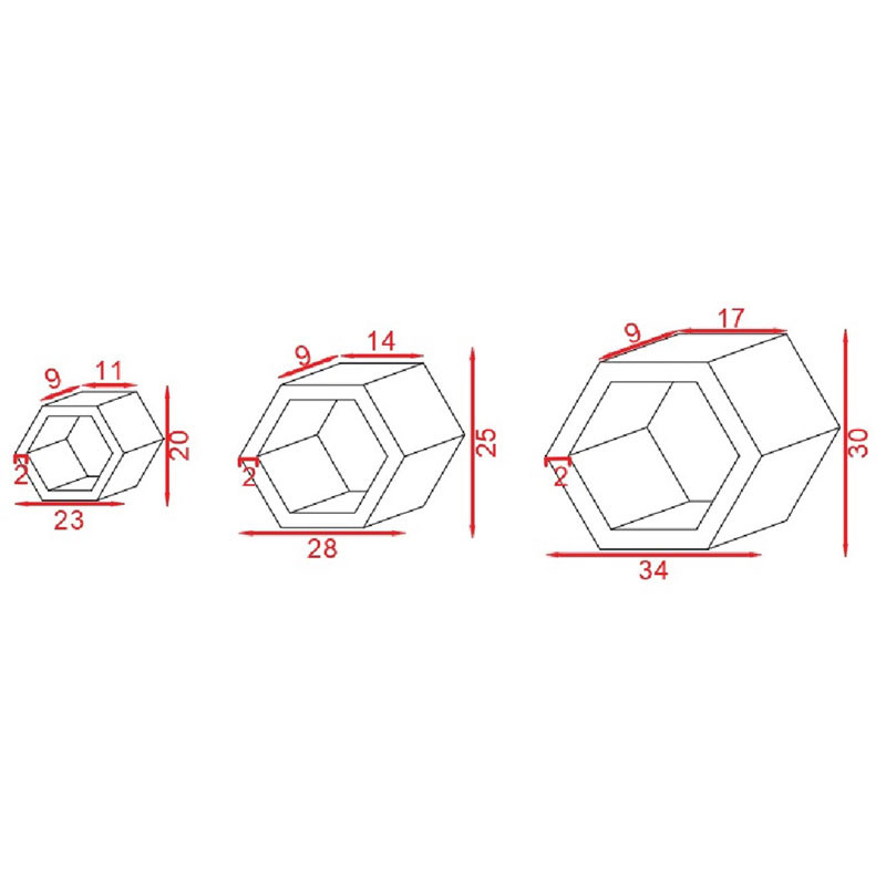 Set 3 Etajere lemn hexagonale de perete Radix 3 bucati lemn masiv natural 30x9x34cm