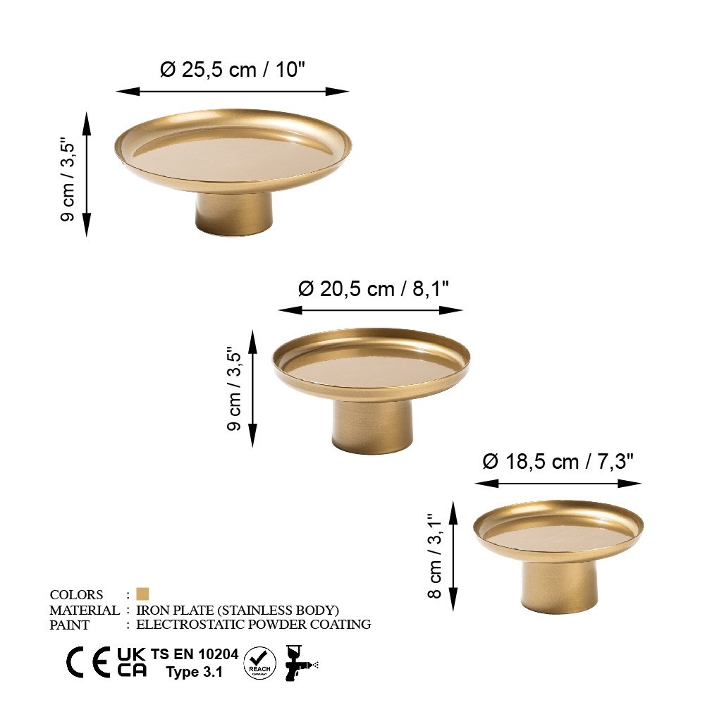 Set 3 platouri decorative metalice GED-007 Auriu 25.5x25.5x9 cm