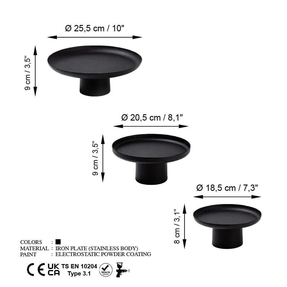 Set 3 platouri decorative metalice GED-007 Negru 25.5x25.5x9 cm