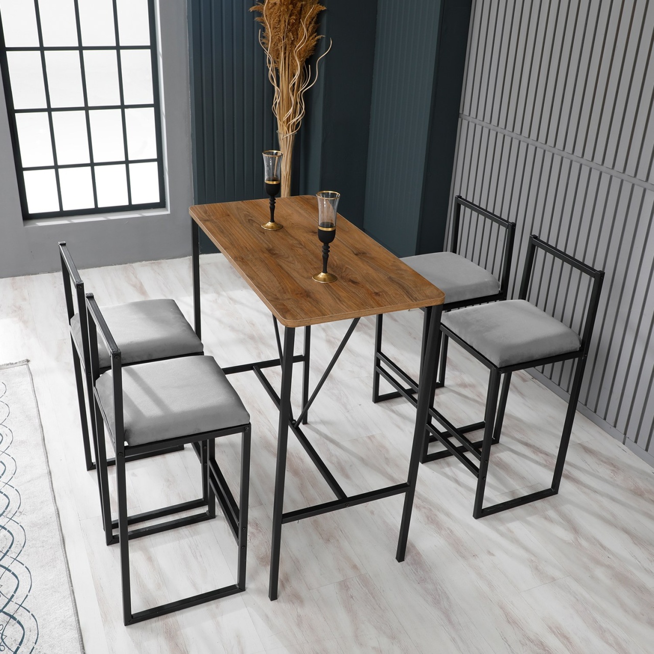 Set 5 buc masa si scaune de bar Nordic Gri