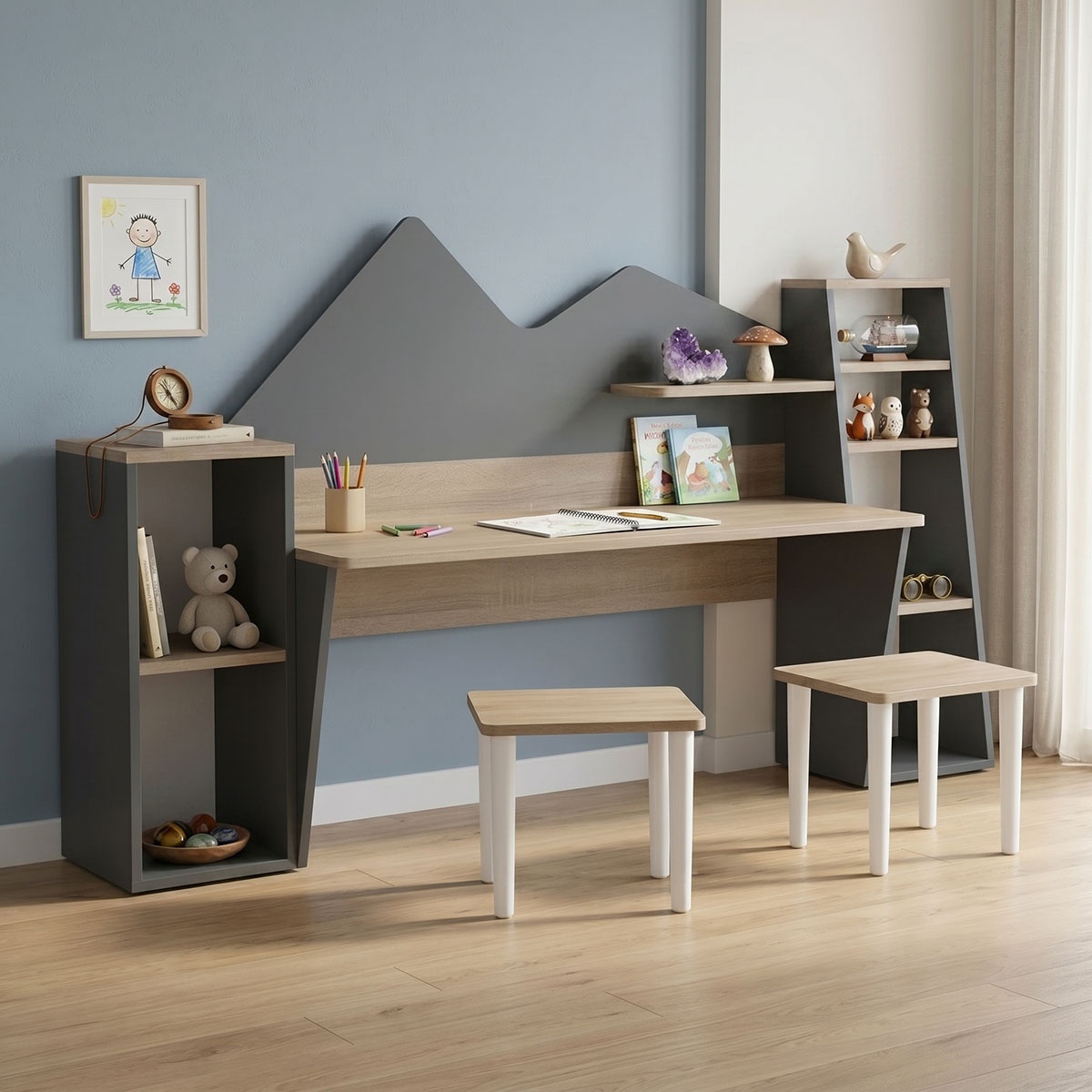 Set birou de copii cu 2 tabureti 3 buc Dualto Pako Sonoma 180x30x93.6 cm
