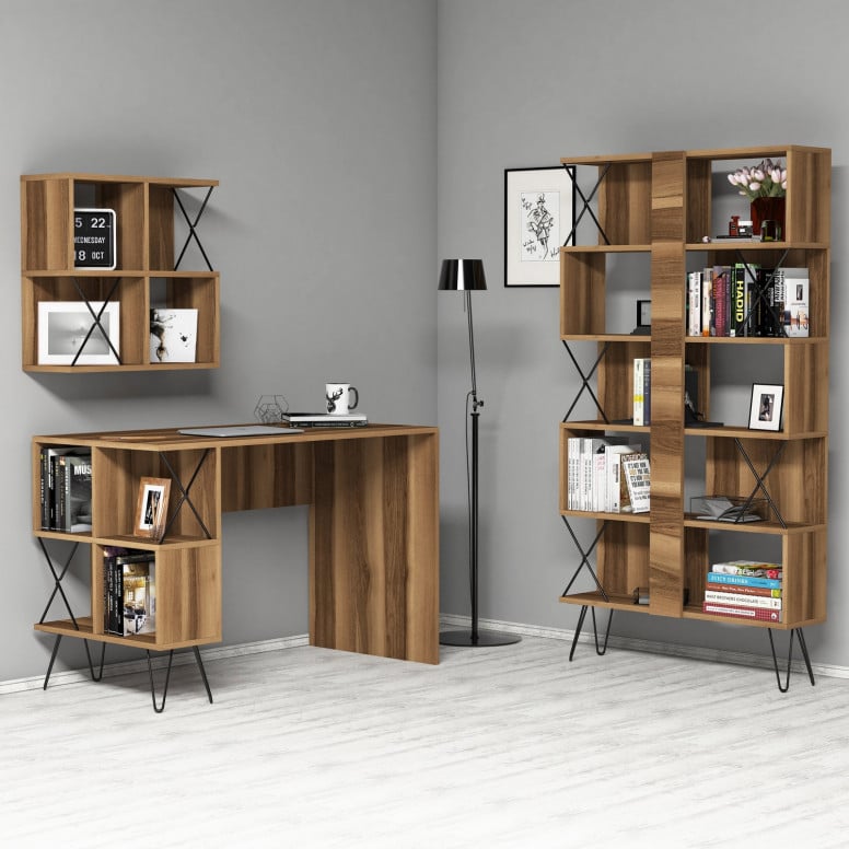 Set Birou si Biblioteca Extra2 Walnut-Negru