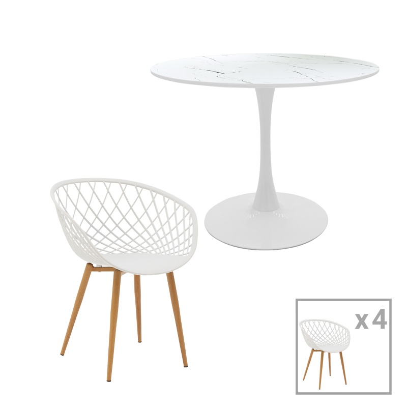 Set dining Ezra-Balou I, Pako World, 5 piese, Aspect marmura, Alb, 120x75 cm