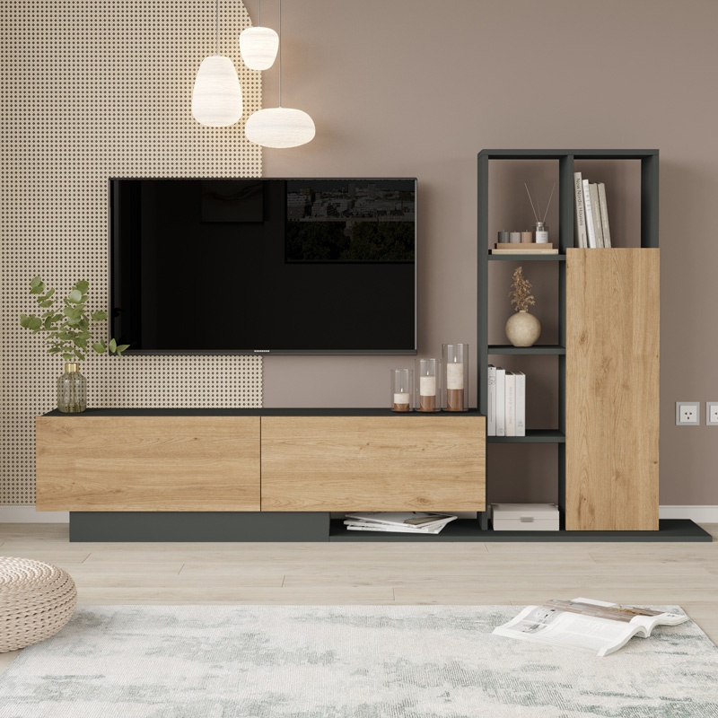 Set mobilier living Damon, Pako World, Natural-Antracit, 140x29x39 cm - 2 | YEO