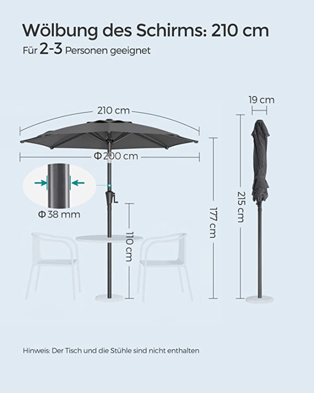 Umbrela de soare, Songmics, 30 grade, 210 cm, UPF 50+, Gri - 3 | YEO