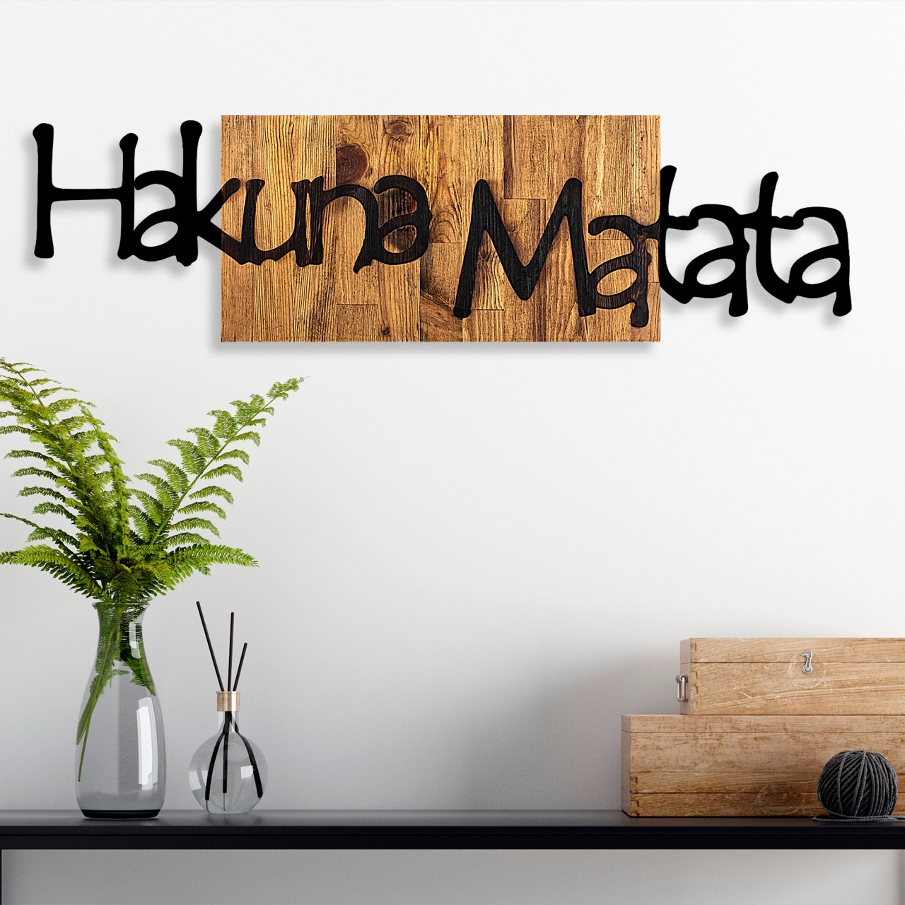 Accesoriu decorativ de perete din lemn si metal Hakuna Matata 4 Negru 108x3x30 cm