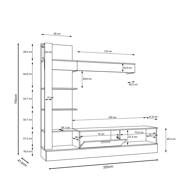 Ansamblu comoda TV Dranko negru stejar melaminat 205x41.5x192 cm