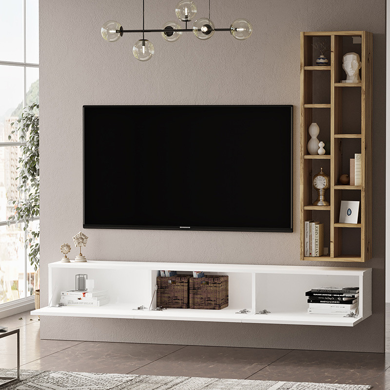 Comoda TV de perete Esmeralda alb - culoare lemn naturala 74.5x27x145cm - 1 | YEO