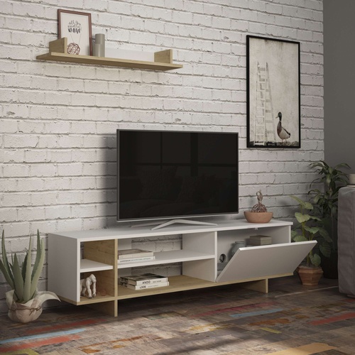 Comoda TV Saloon, Pako World, Stejar-Alb, 160x35x44 cm - 2 | YEO