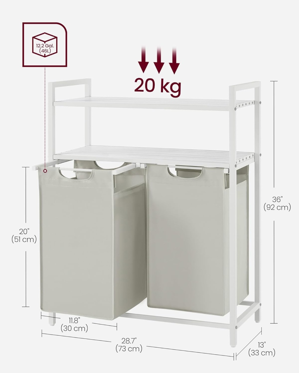 Cos de rufe Vasagle Alb 46L, 73 x 33 x 92 cm - 2 | YEO