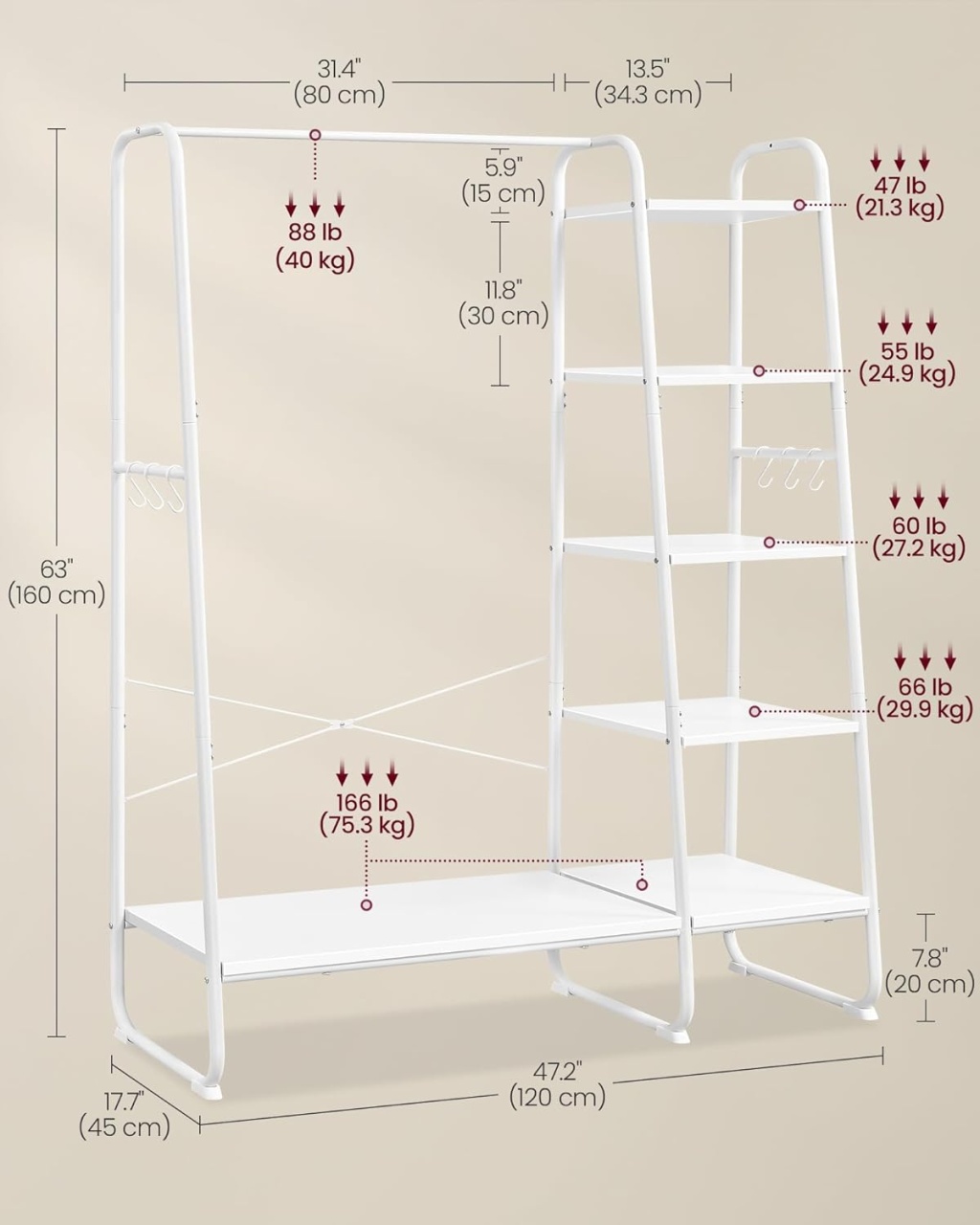 Cuier Vasagle Alb 120x45x160 cm - 1 | YEO