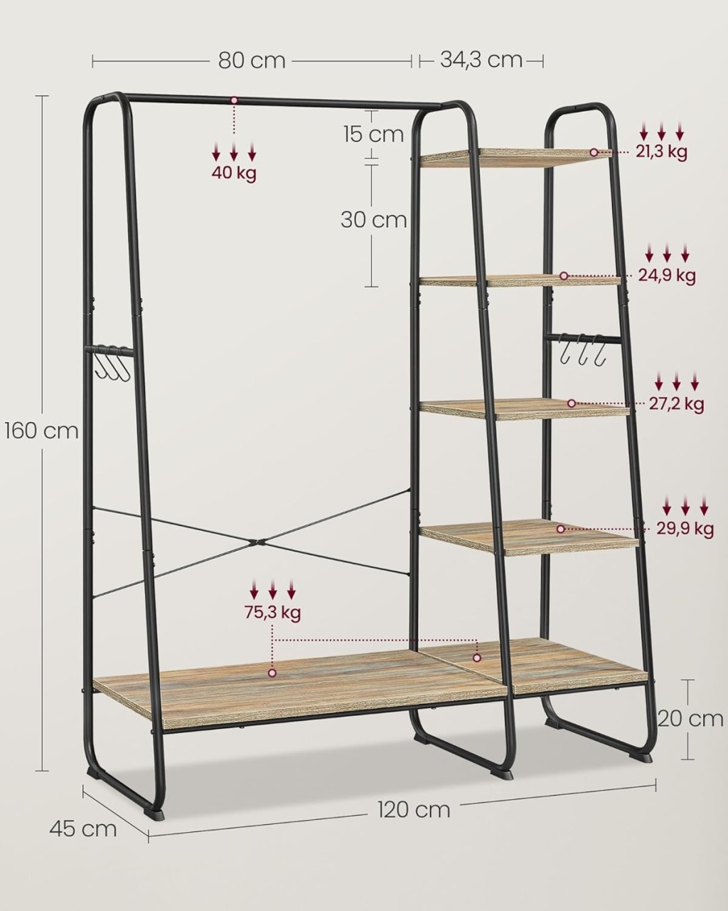 Cuier Vasagle Turcoaz 120x45x160 cm - 4 | YEO