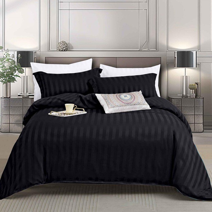 Lenjerie 1 Persoana cu elastic Damasc Stripe Negru 4 Piese (Finet)