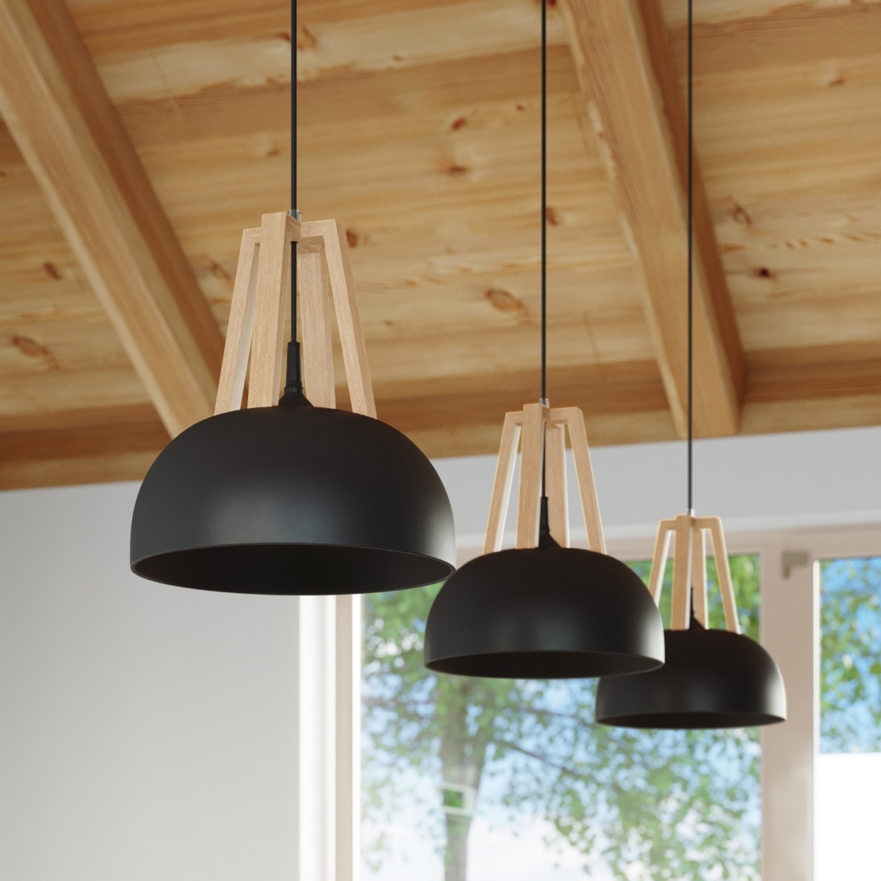 Lustra suspendata Casco din lemn, Negru 30x30x85 cm