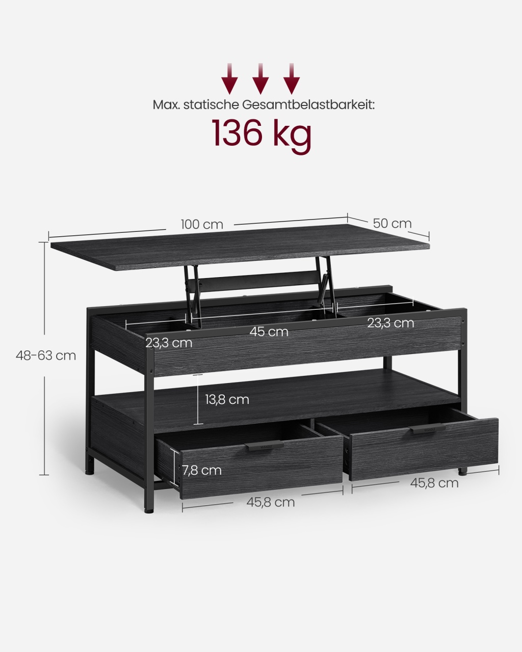 Masuta de cafea extensibila Vasagle Gri 100x50x48 cm