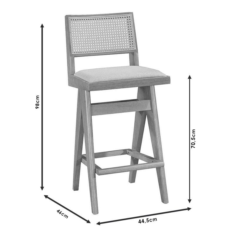 Scaun de bar Winslow lemn de arbore de cauciuc, culoarea nuc deschis pvc ratan culoare lemn natural, material textil gri