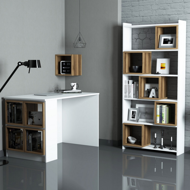 Set Birou si Biblioteca Box Alb-Walnut